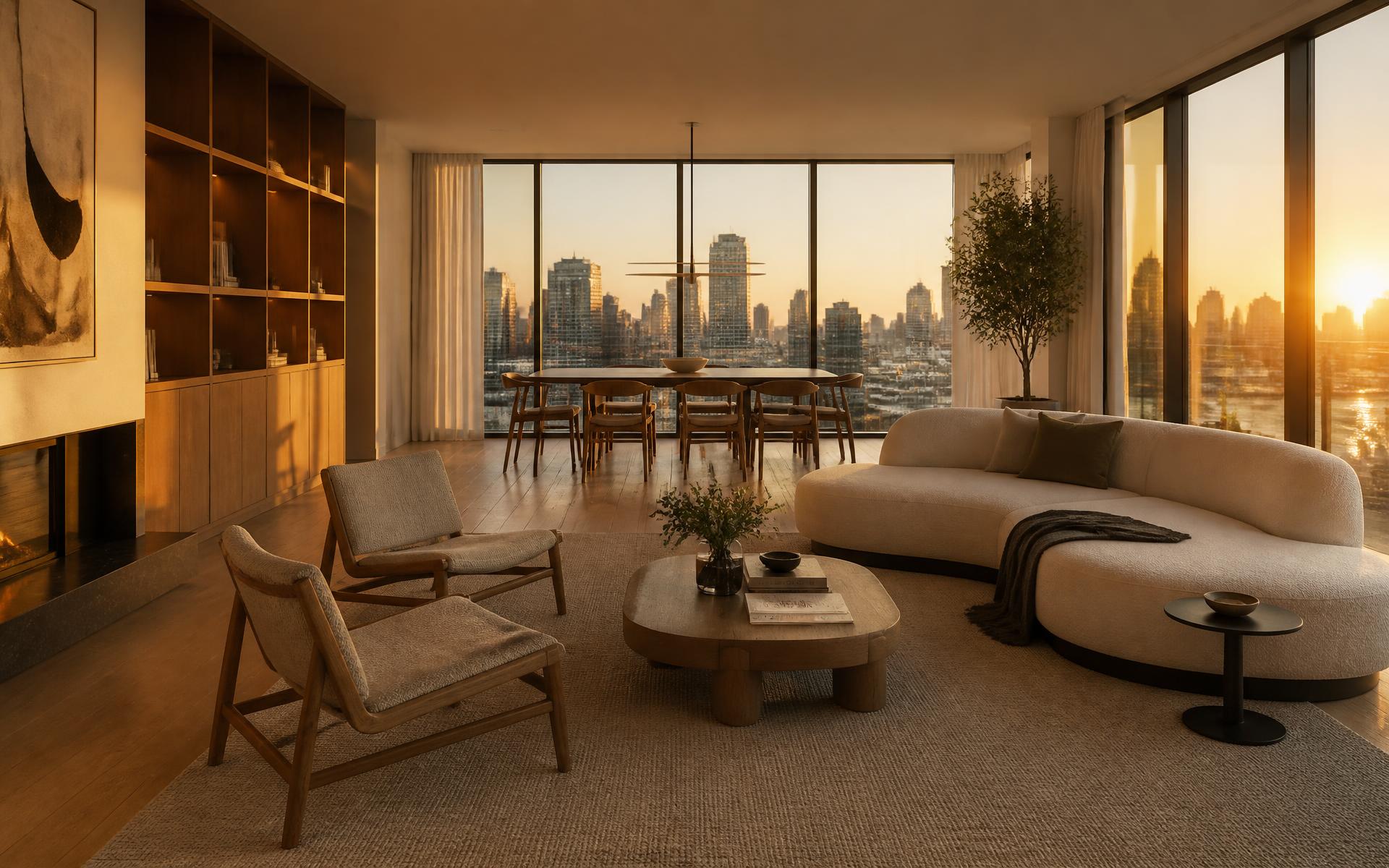 Luxury apartment living room with floor-to-ceiling windows and a city skyline view
